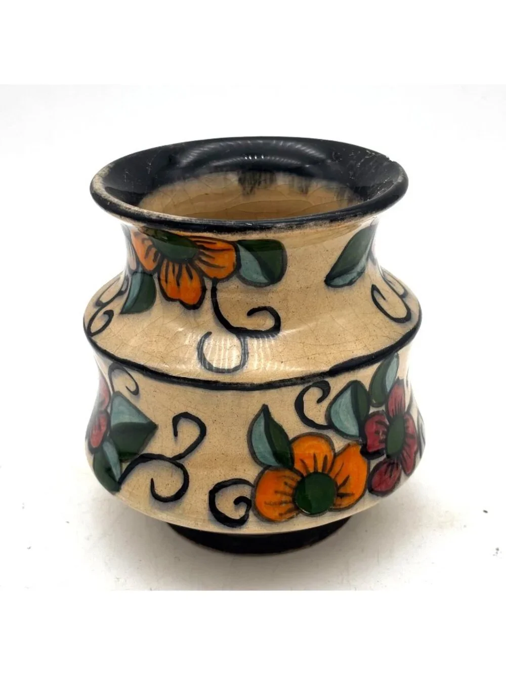 Vintage Hand Painted Floral Pottery Vase Multicolor Flowers Boho Rustic Decor